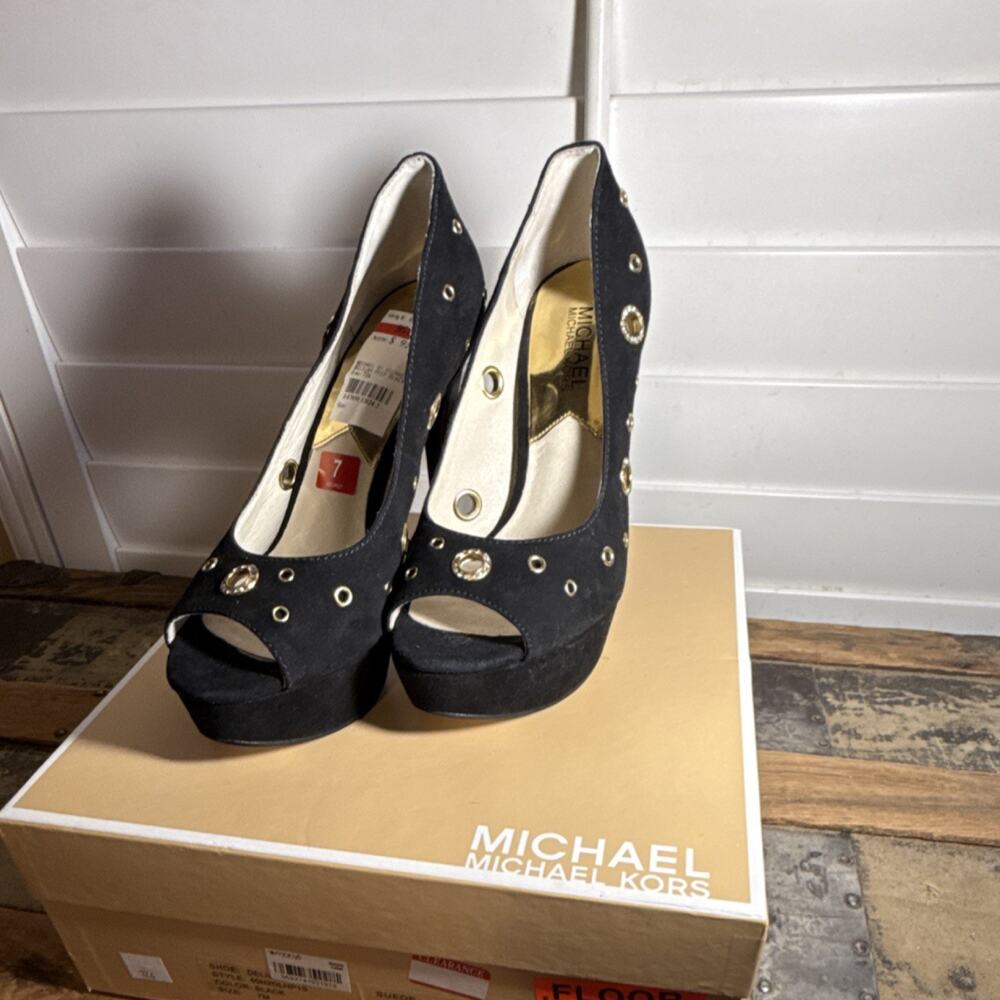Michael Kors Rhinestone Grommet Platform Stiletto Peep Toe Black Suede 7